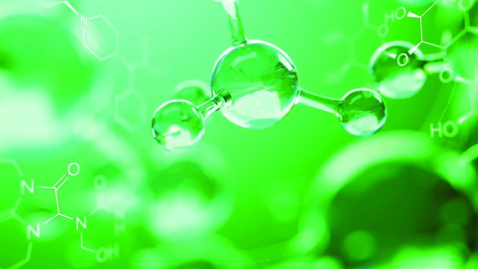 A transparent molecule floating on a background of green molecules and formulas.