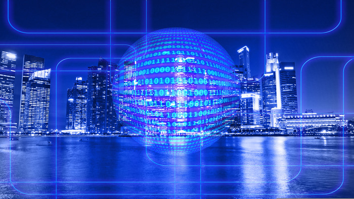 A neon blue globe with digital numbers on it